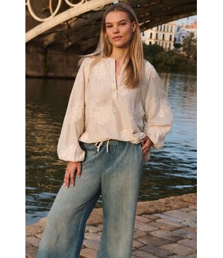 YAYA Denim trousers with wide legs and drawstring - MID BLUE DENIM