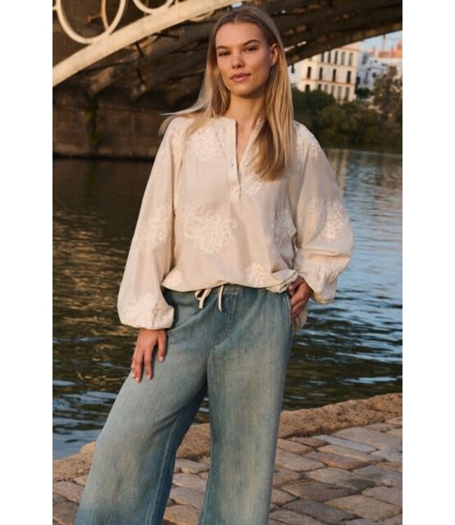 YAYA Denim trousers with wide legs and drawstring - MID BLUE DENIM