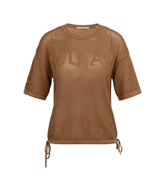 YAYA Open-knit top with short sleeves and artwork - FOXTROT BROWN