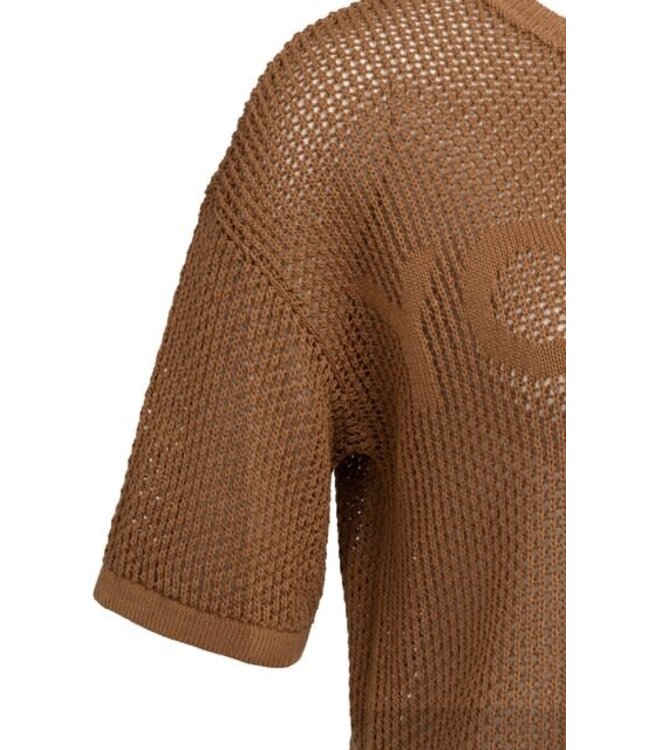 YAYA Open-knit top with short sleeves and artwork - FOXTROT BROWN