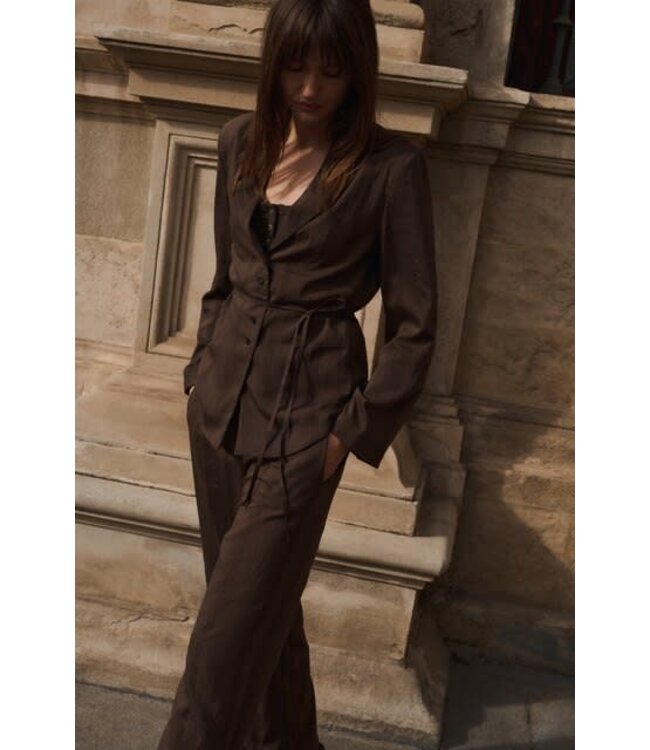 YAYA Wide-leg trousers with pinstripe and satin details - SLATE BLACK BROWN DESSIN