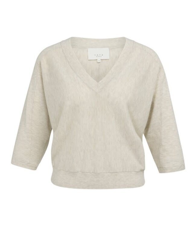 YAYA V-neck sweater with three-quarter sleeves and seam details - BEIGE MELANGE