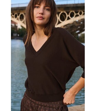 YAYA V-neck sweater with three-quarter sleeves and seam details - DELICIOSO BROWN MELANGE
