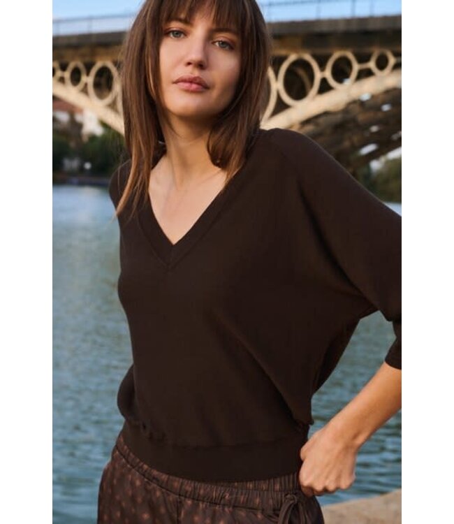 YAYA V-neck sweater with three-quarter sleeves and seam details - DELICIOSO BROWN MELANGE