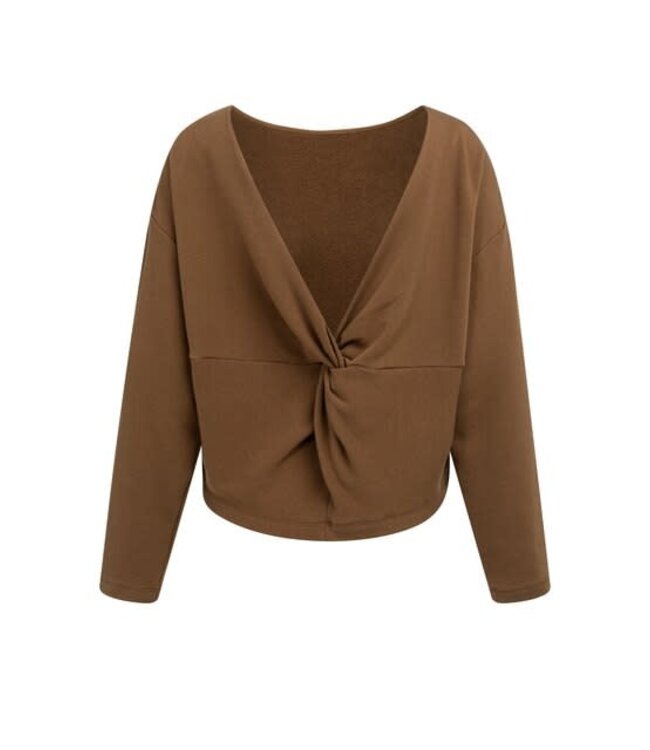 YAYA Sweater with V-neck and twisted detail at the back - PARTRIDGE BROWN
