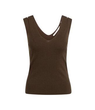 YAYA Ribbed top with V-neck and shoulder details - SLATE BLACK BROWN