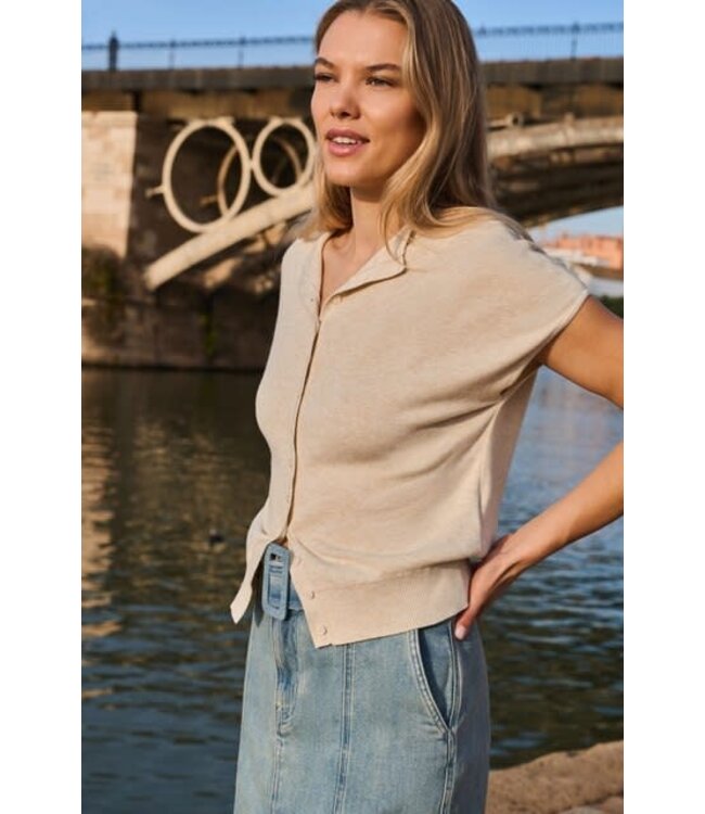 YAYA Knitted cardigan with short sleeves and front buttons - BEIGE MELANGE