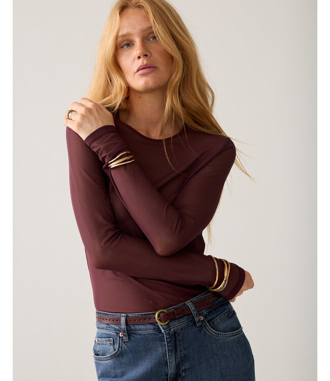 Summum Woman Round Neck Top Long Sleeve Mesh Solid
