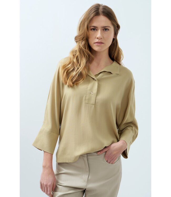YAYA Soft blouse with polo collar - OLIVE GRAY GREEN