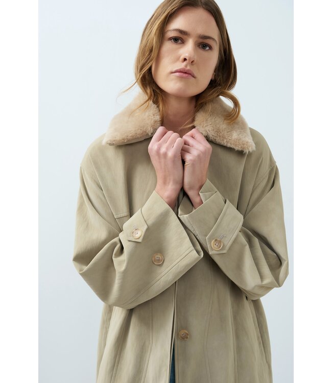 YAYA Faux nubuck leather long jacket with detachable collar - PURE CASHMERE GREY