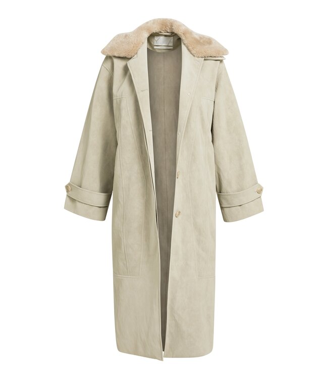 YAYA Faux nubuck leather long jacket with detachable collar - PURE CASHMERE GREY