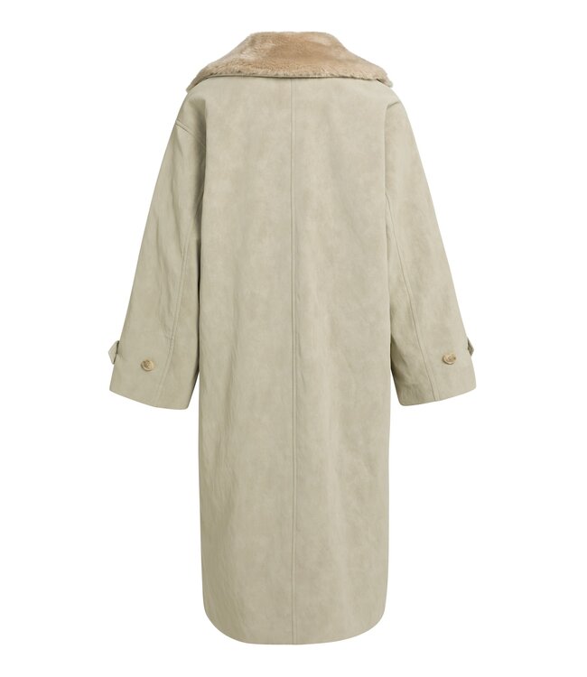 YAYA Faux nubuck leather long jacket with detachable collar - PURE CASHMERE GREY