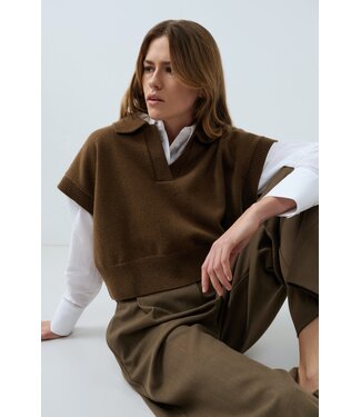 YAYA Knitted spencer with collar - TEAK BROWN MELANGE