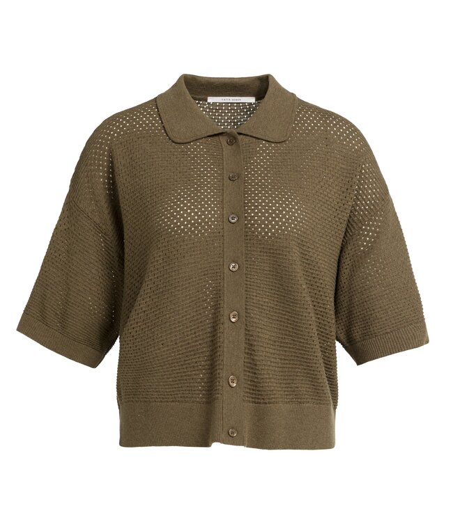 YAYA Mesh stitch short sleeve cardigan - TEAK BROWN MELANGE