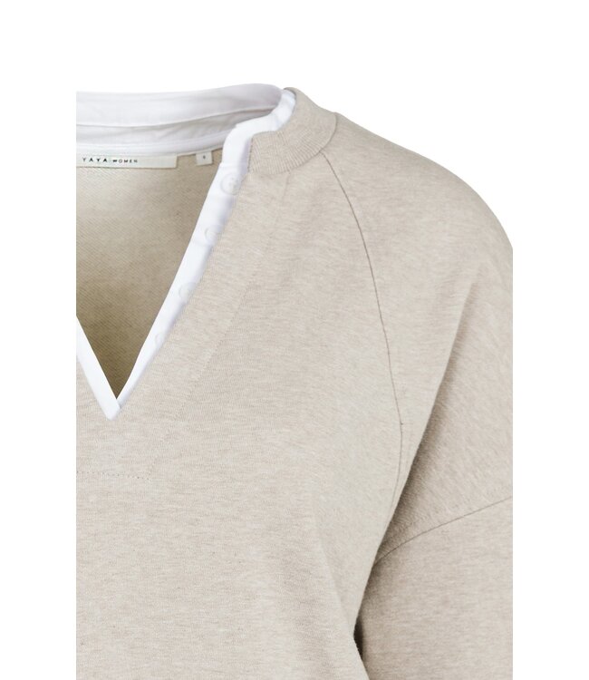 YAYA V-neck sweatshirt with woven collar - PURE CASHMERE GREY MELANGE