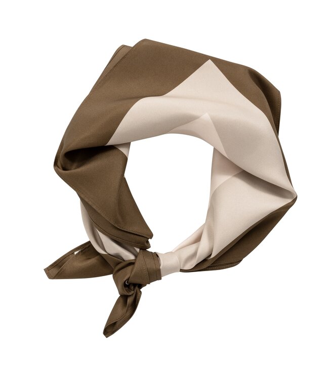 YAYA Satin twill square scarf with border print 70 x 70 cm. - TEAK BROWN DESSIN