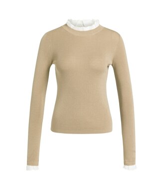 YAYA Fitted rib sweater with ruffle detail - CORNSTALK BROWN