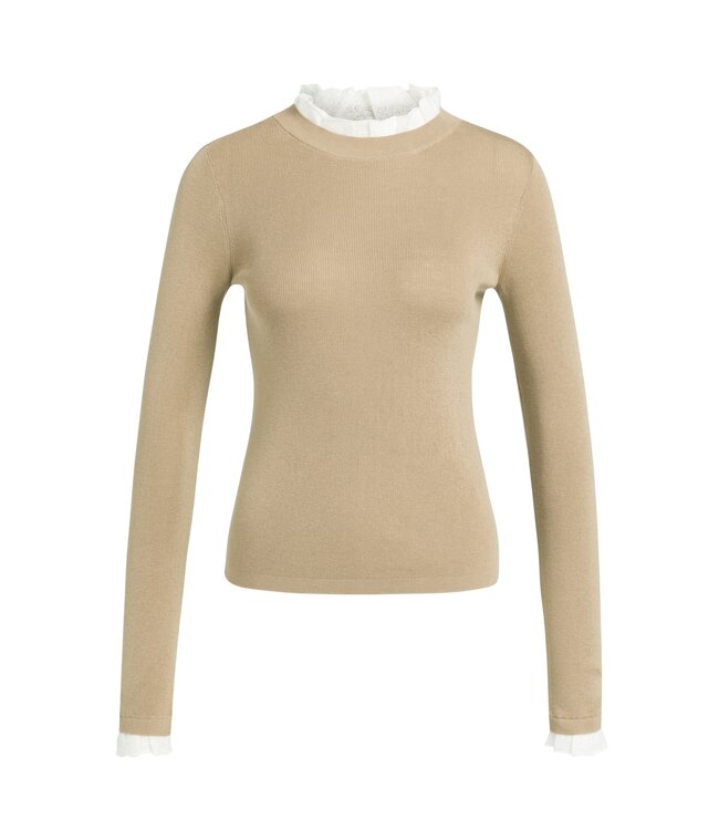 YAYA Fitted rib sweater with ruffle detail - CORNSTALK BROWN