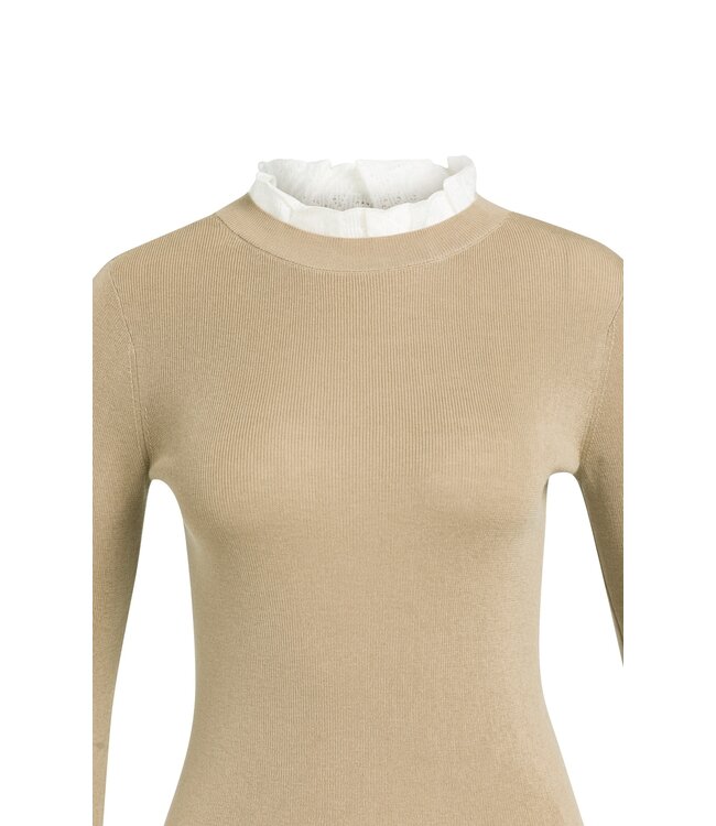 YAYA Fitted rib sweater with ruffle detail - CORNSTALK BROWN