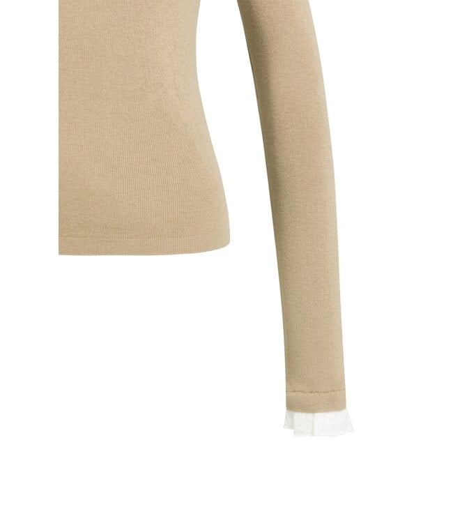 YAYA Fitted rib sweater with ruffle detail - CORNSTALK BROWN