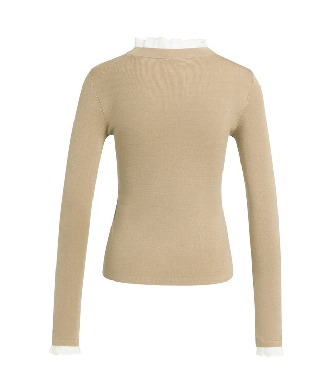 YAYA Fitted rib sweater with ruffle detail - CORNSTALK BROWN