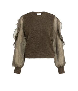 YAYA Knitted sweater with woven sleeves - SLATE BLACK BROWN
