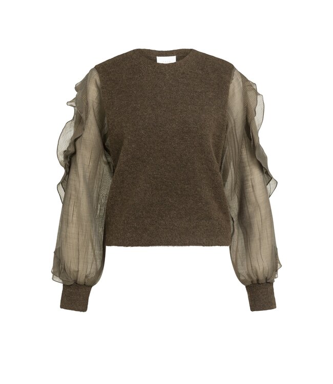 YAYA Knitted sweater with woven sleeves - SLATE BLACK BROWN