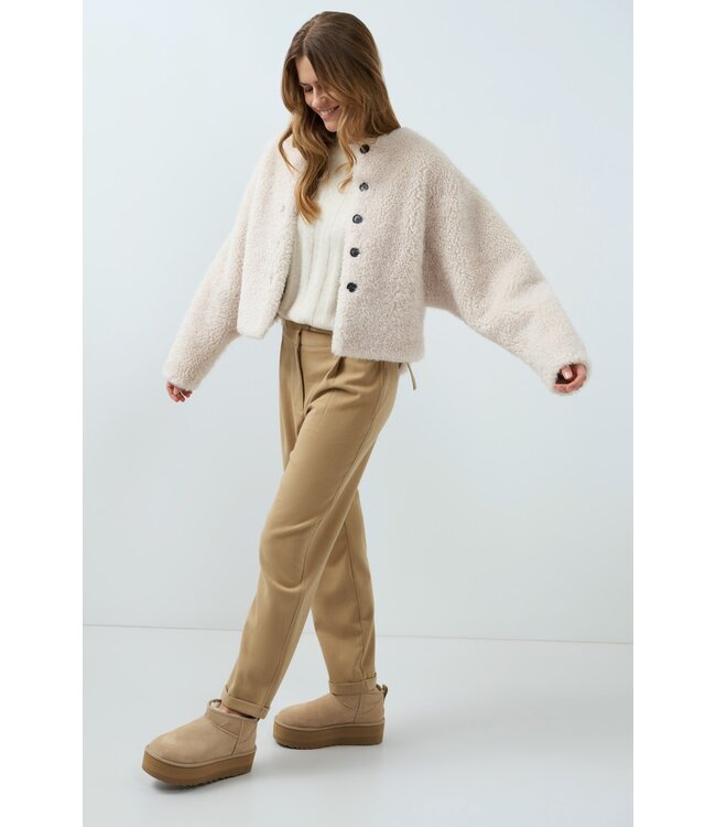 YAYA Soft woven hight waist trousers with fancy waitband and belt - CORNSTALK BROWN MELANGE