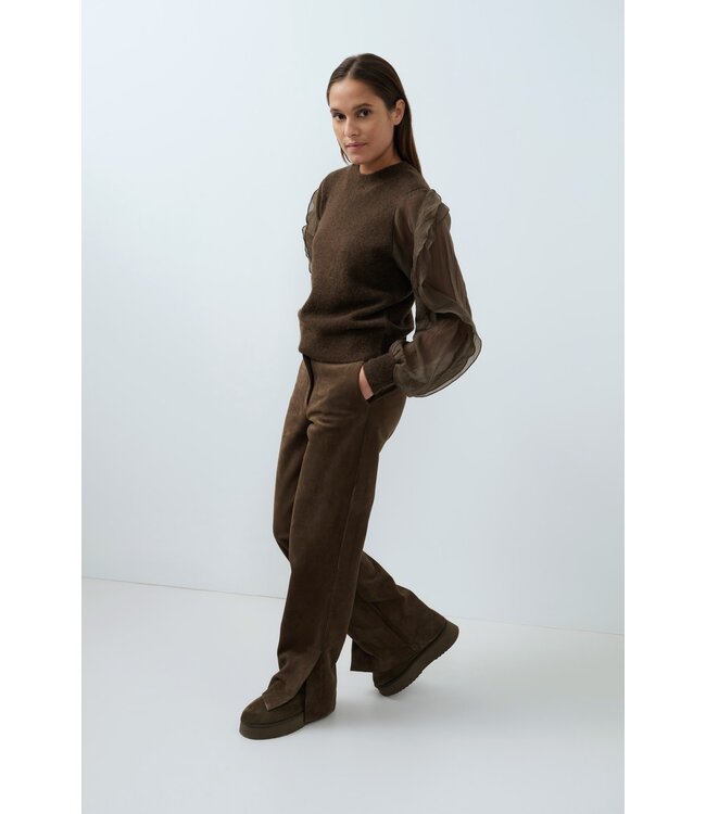 YAYA Suedine wide leg trousers - SLATE BLACK BROWN