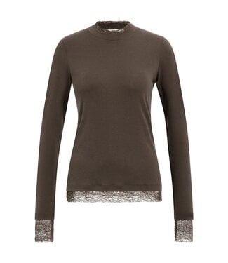 YAYA Long sleeve top with lace edges - SLATE BLACK BROWN