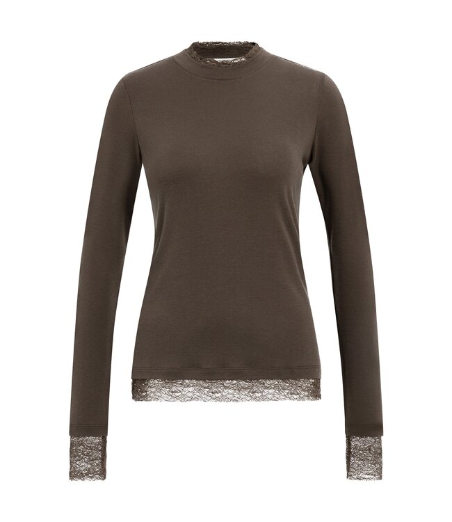 YAYA Long sleeve top with lace edges - SLATE BLACK BROWN