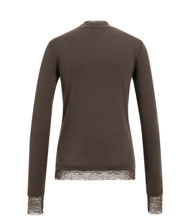 YAYA Long sleeve top with lace edges - SLATE BLACK BROWN