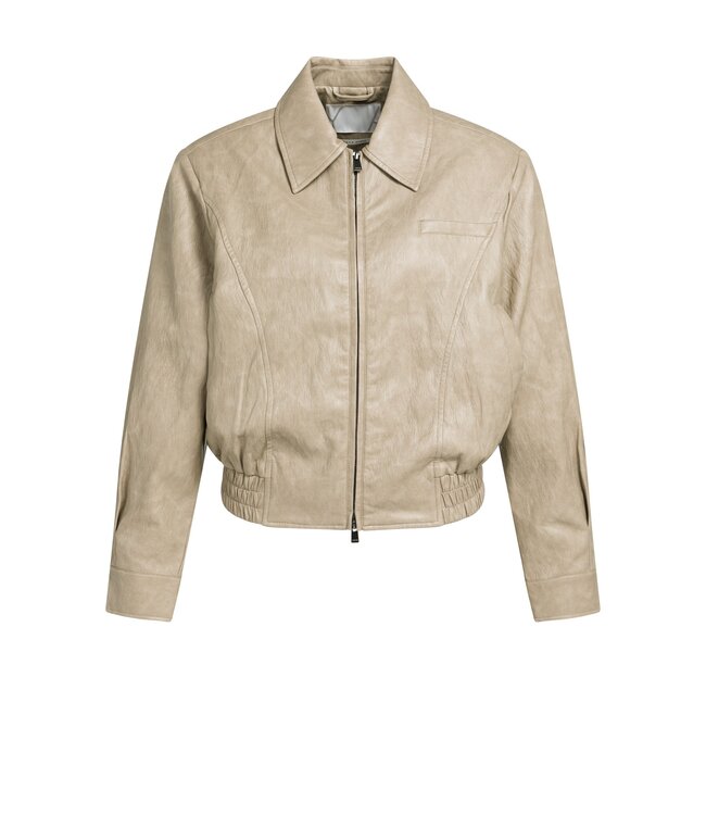 YAYA Faux leather cropped jacket with smocked waistband - CORNSTALK BROWN
