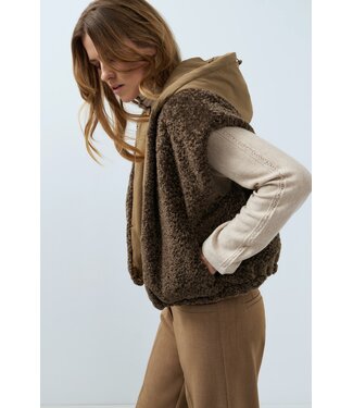 YAYA Reversible faux fur bodywarmer with nylon and hood - SLATE BLACK BROWN