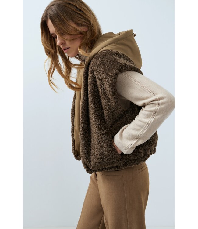 YAYA Reversible faux fur bodywarmer with nylon and hood - SLATE BLACK BROWN