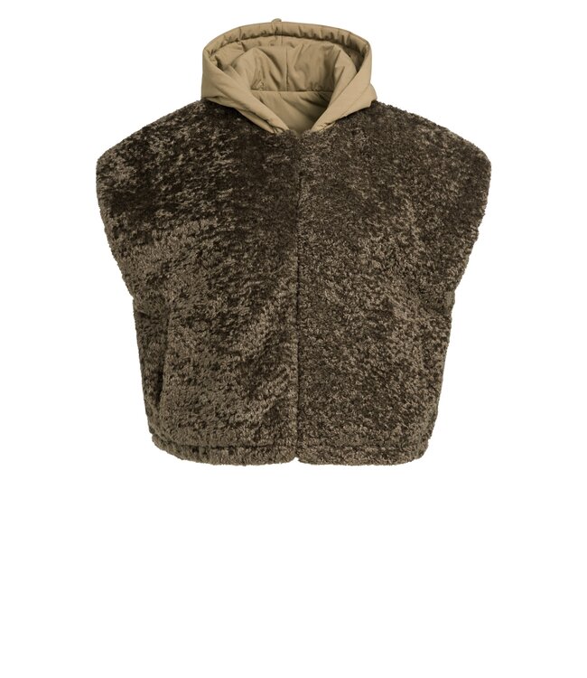 YAYA Reversible faux fur bodywarmer with nylon and hood - SLATE BLACK BROWN