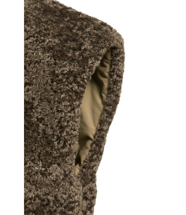YAYA Reversible faux fur bodywarmer with nylon and hood - SLATE BLACK BROWN