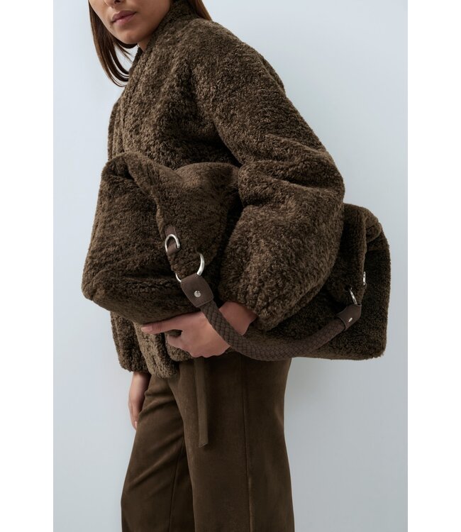 YAYA Reversible nylon and faux fur bag - SLATE BLACK BROWN