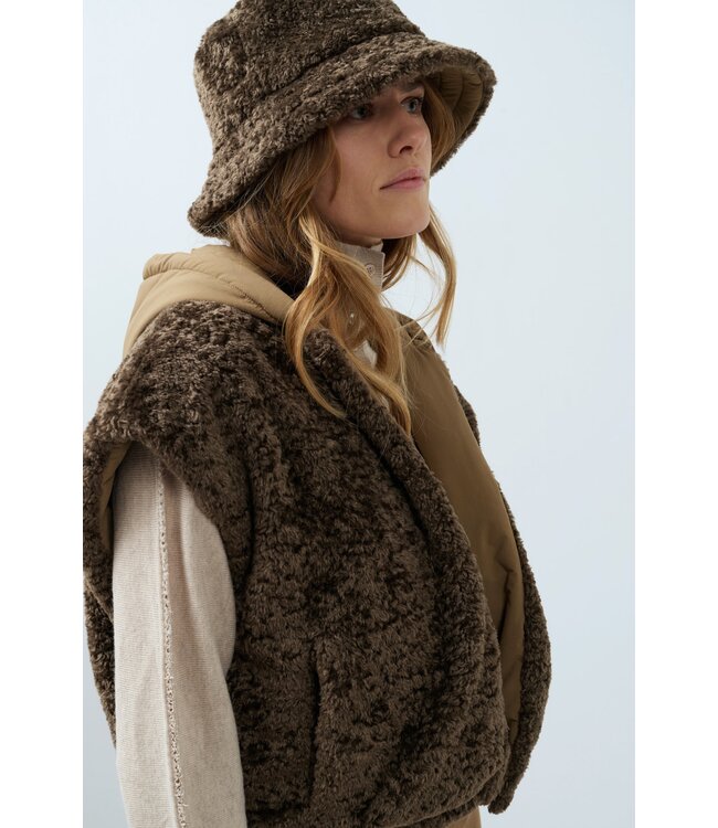 YAYA Reversible nylon and faux fur bucket hat - SLATE BLACK BROWN