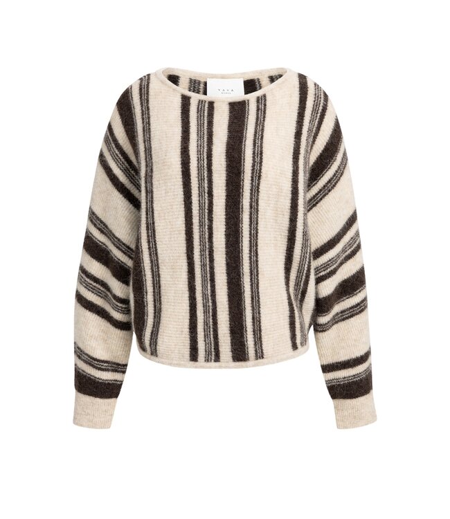 YAYA Boatneck sweater with stripes - LIGHT BEIGE DESSIN