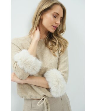 YAYA Sweater with detachable fur cuffs - LIGHT BEIGE MELANGE