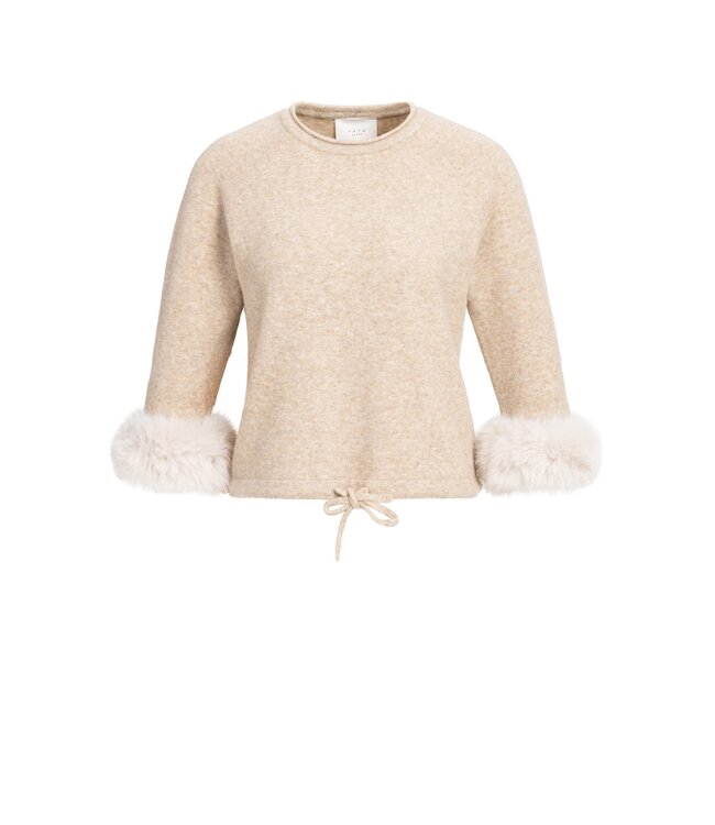 YAYA Sweater with detachable fur cuffs - LIGHT BEIGE MELANGE