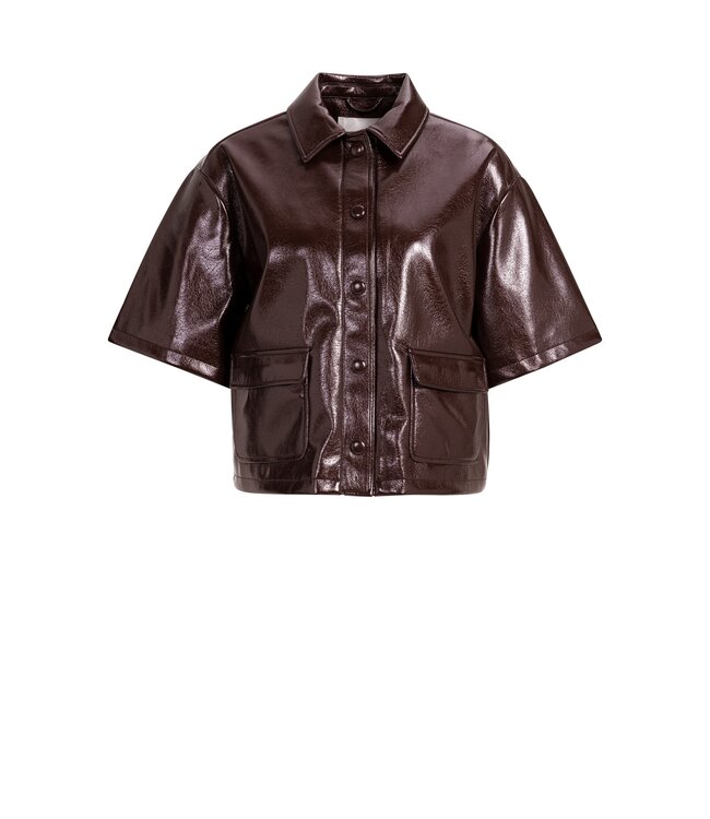 YAYA Patent faux leather cropped shortsleeve shirt jacket - BITTER CHOCOLATE RED