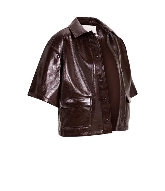 YAYA Patent faux leather cropped shortsleeve shirt jacket - BITTER CHOCOLATE RED