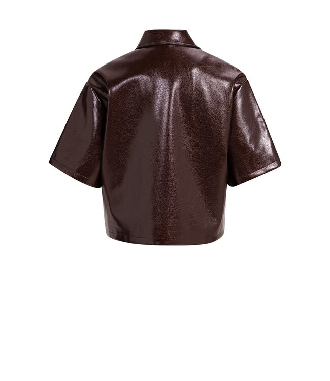 YAYA Patent faux leather cropped shortsleeve shirt jacket - BITTER CHOCOLATE RED