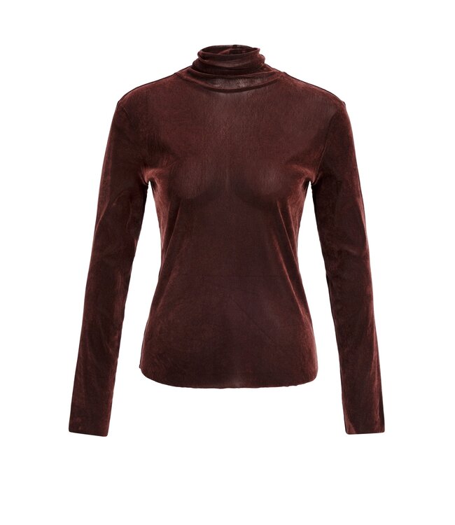 YAYA Velvet mesh top with high neck - BITTER CHOCOLATE RED