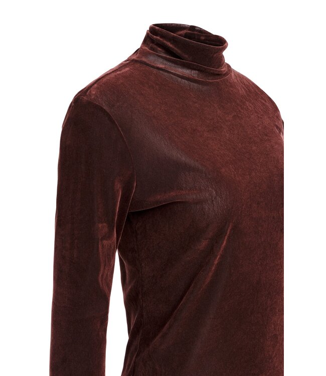 YAYA Velvet mesh top with high neck - BITTER CHOCOLATE RED