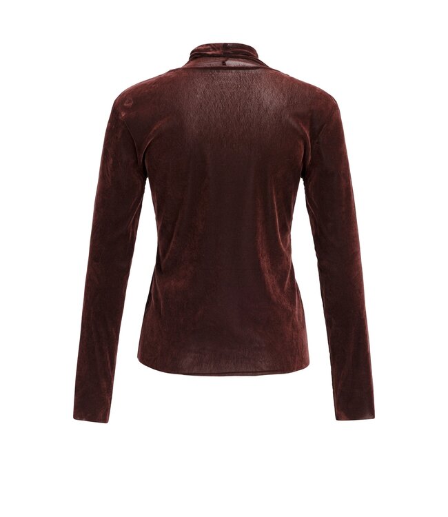 YAYA Velvet mesh top with high neck - BITTER CHOCOLATE RED