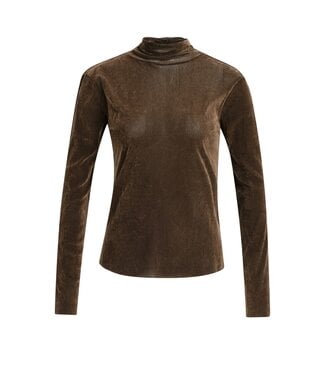 YAYA Velvet mesh top with high neck - COCOA BROWN