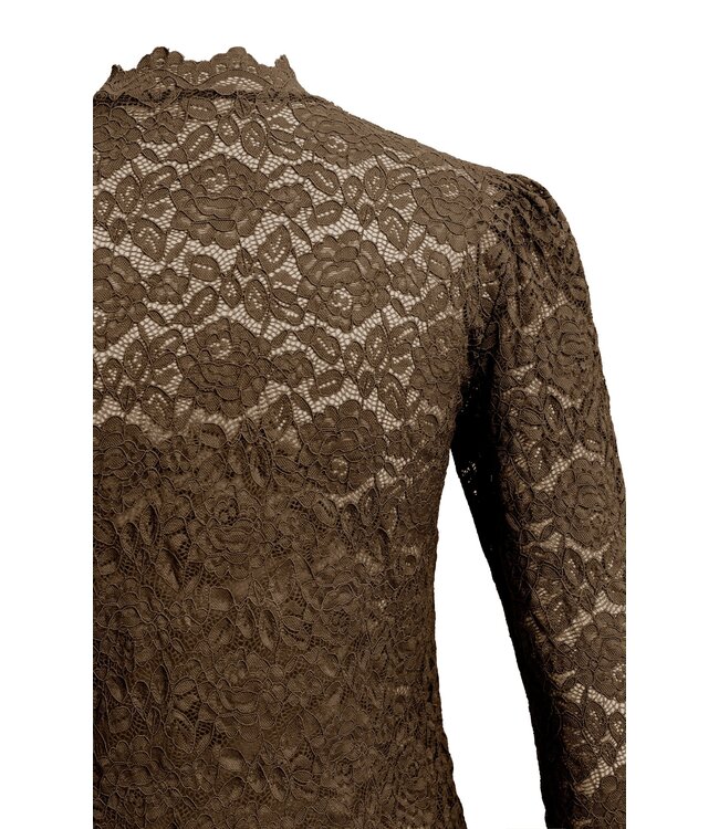 YAYA Lace top with high neck - DELICIOSO BROWN